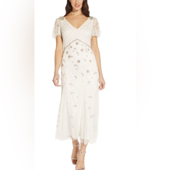 ADRIANNA PAPELL Womens Beige Embellished Zippered Lined V Back Sheer Embroidered Flutter Sleeve V Neck Knee Length Cocktail Fit + Flare Dress